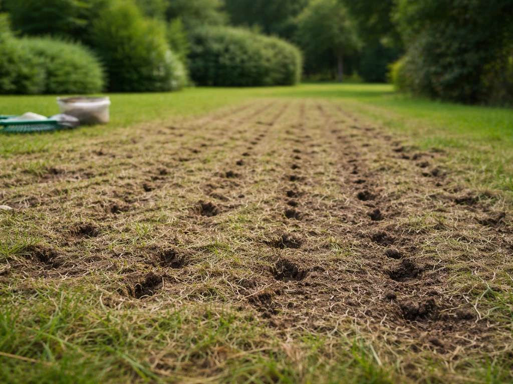 Grootschalig gazonherstel met zichtbare viltlaag en open bodem na verticuteren, klaar om door te zaaien