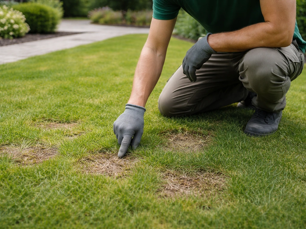 Anonieme tuinier inspecteert en markeert afgedekte gazonplekken voor ernstinschatting.