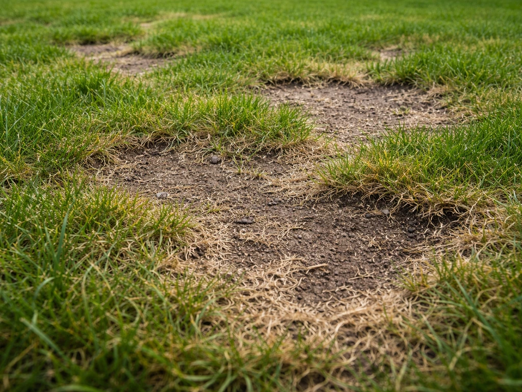 Close-up van kale en uitgedunde grasplekken met duidelijke randen in een tuin, met lichte bodem zichtbaar.