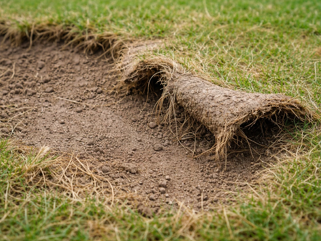 Bruine, loszittende grasmat die makkelijk opkrult door schade aan de graswortels, in een tuin.