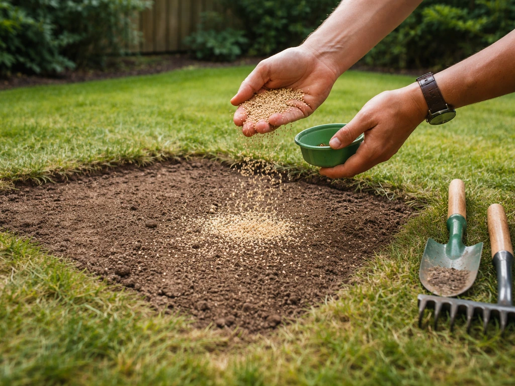 Handen die graszaad en aarde uitstrooien op kale plekken, met harken in een Nederlandse tuin