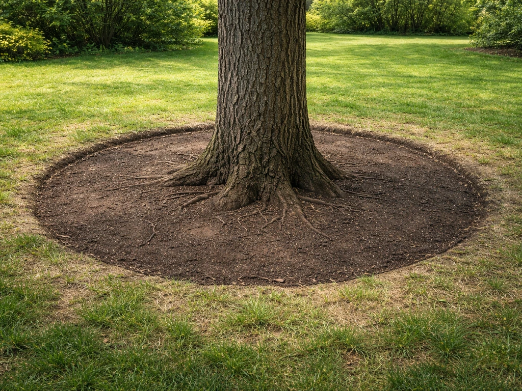Buitenaanzicht van een boom met cirkelvormige schijf rond de stam waar gras slecht groeit.