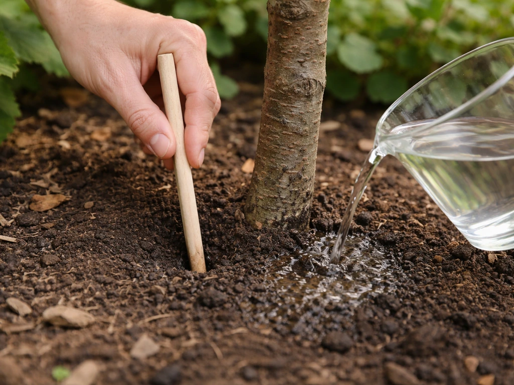 Hand drukt een tuinprikker in aarde bij de stam terwijl een glas water op de grond wordt gegoten.