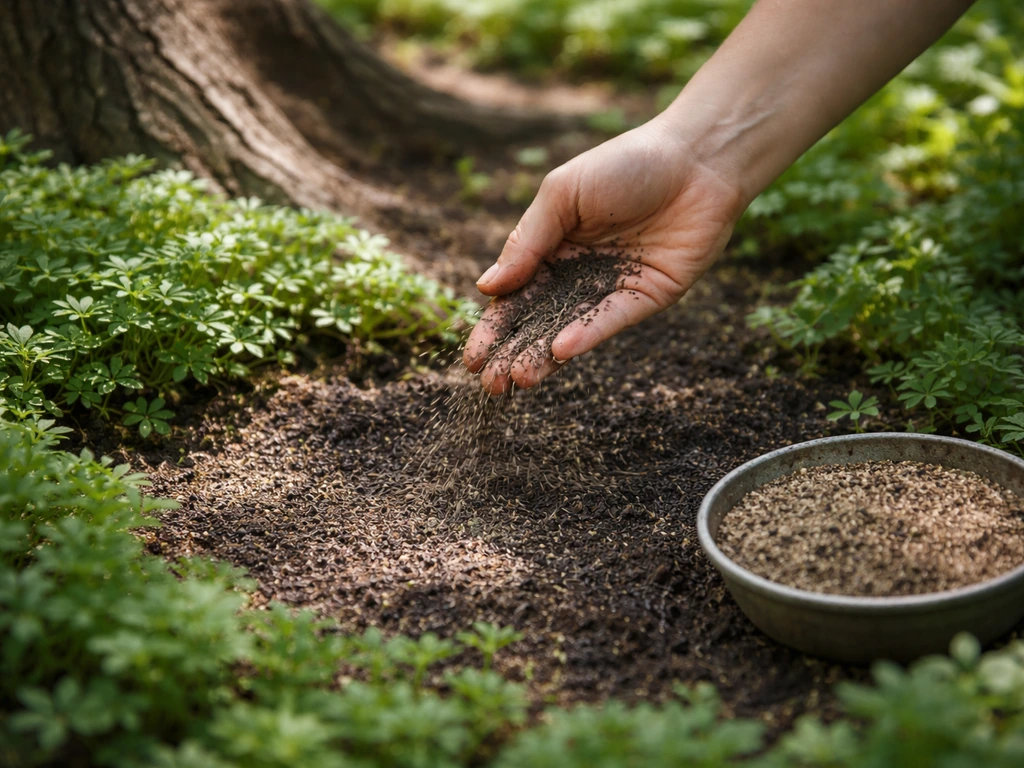 Hand strooit schaduwgraszaad over kale boomspiegelgrond met topdressing op de grond.