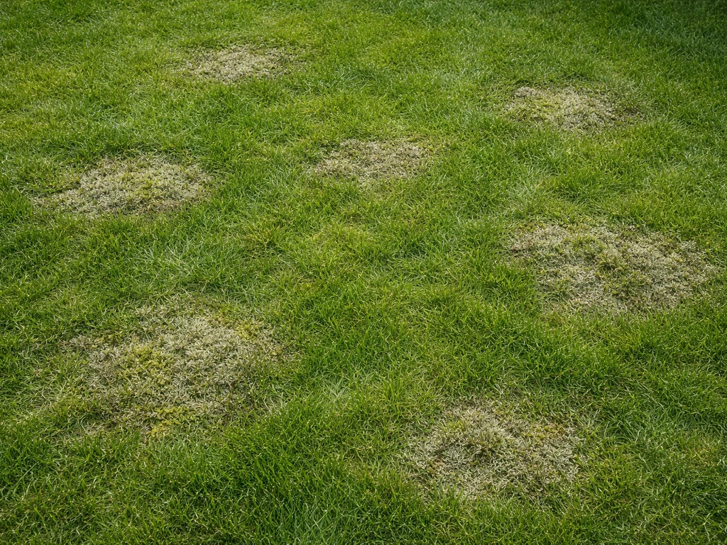 Bovenaanzicht van een Nederlands gazon met duidelijk mos op enkele plekken en gezond gras eromheen.