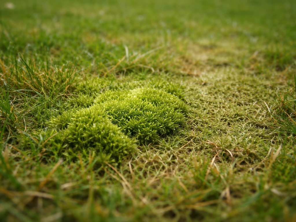 Close-up van een gazon met groene, sponsachtige moslaag en duidelijk verschil met gras/vilt.
