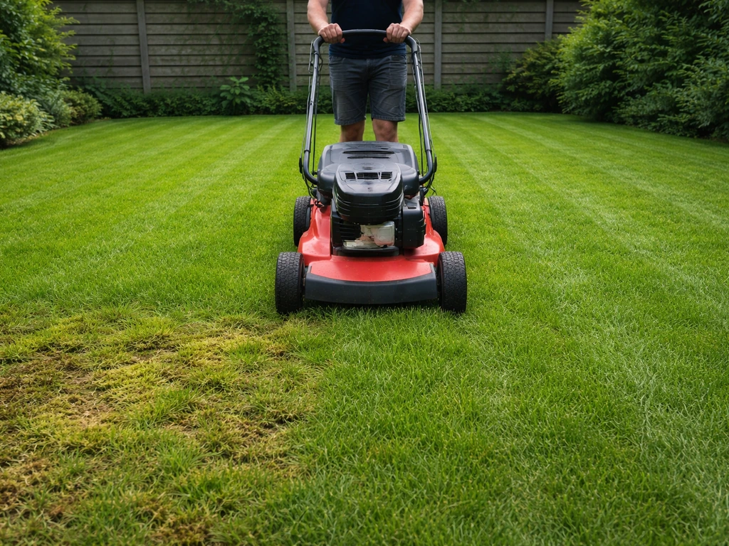 Anonieme handen maaien het gazon met een grasmaaier op 4–5 cm; ongelijk groen met maaispoor.