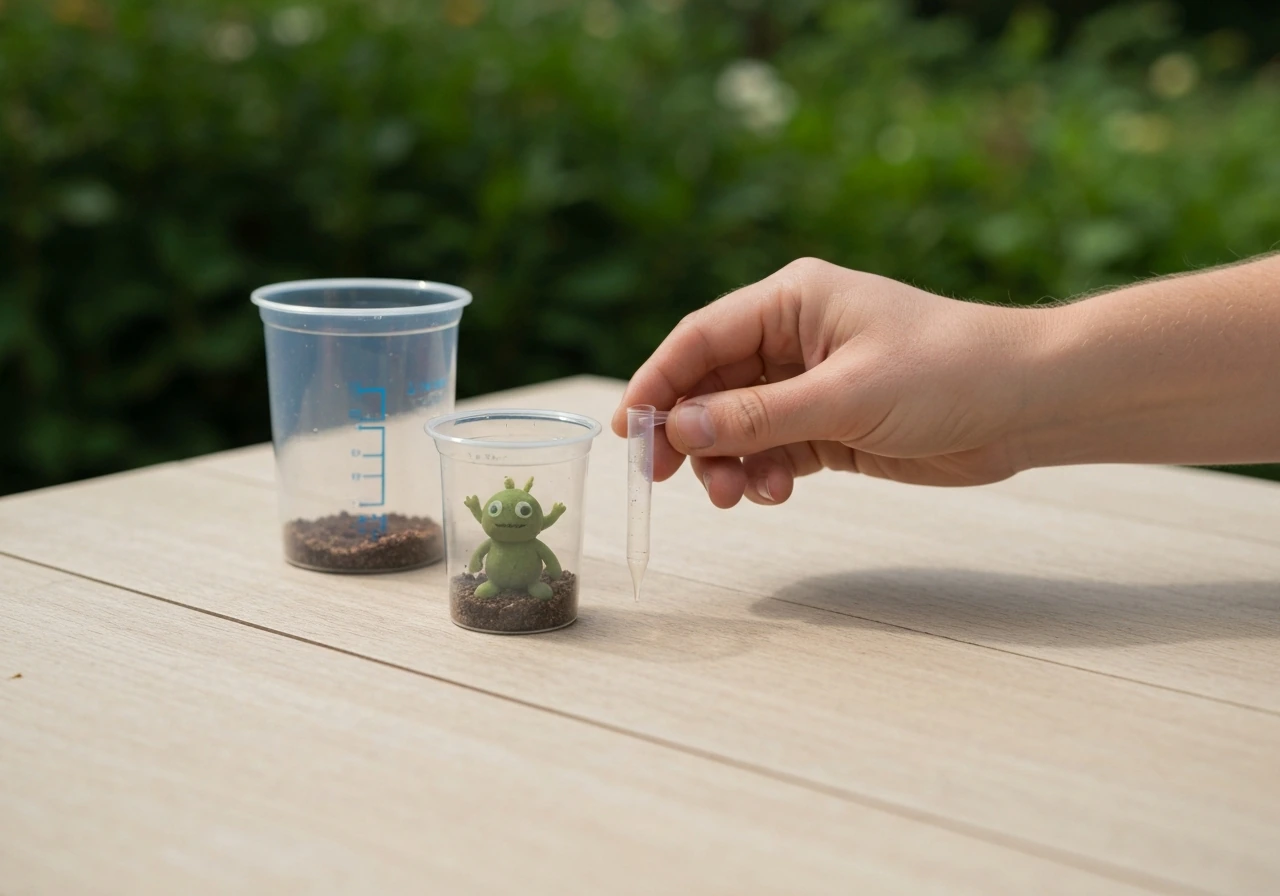 Hand met bodemtestset naast grondmonster en teststrookje op tafel voor pH en voeding.