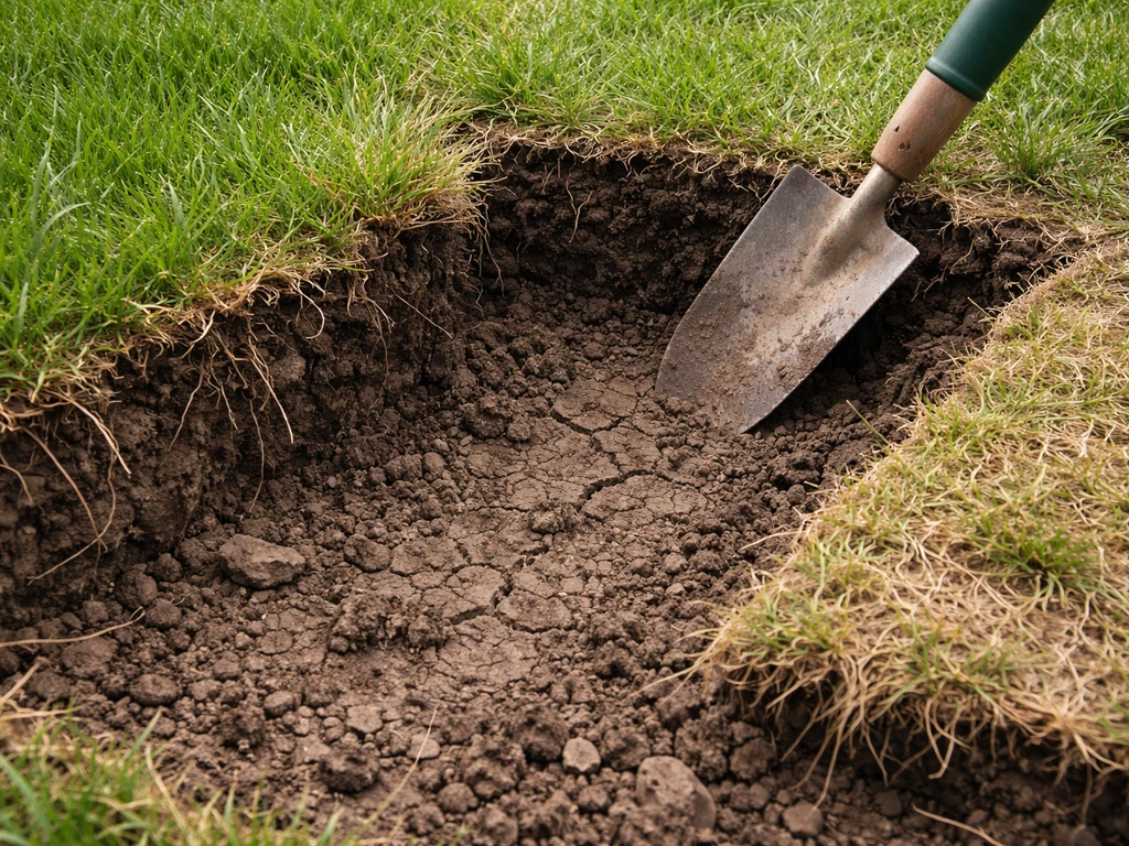 Opengegraven grasmat met verdichte, weinig doorwortelde bodem en een schep in de grond, in natuurlijk licht.