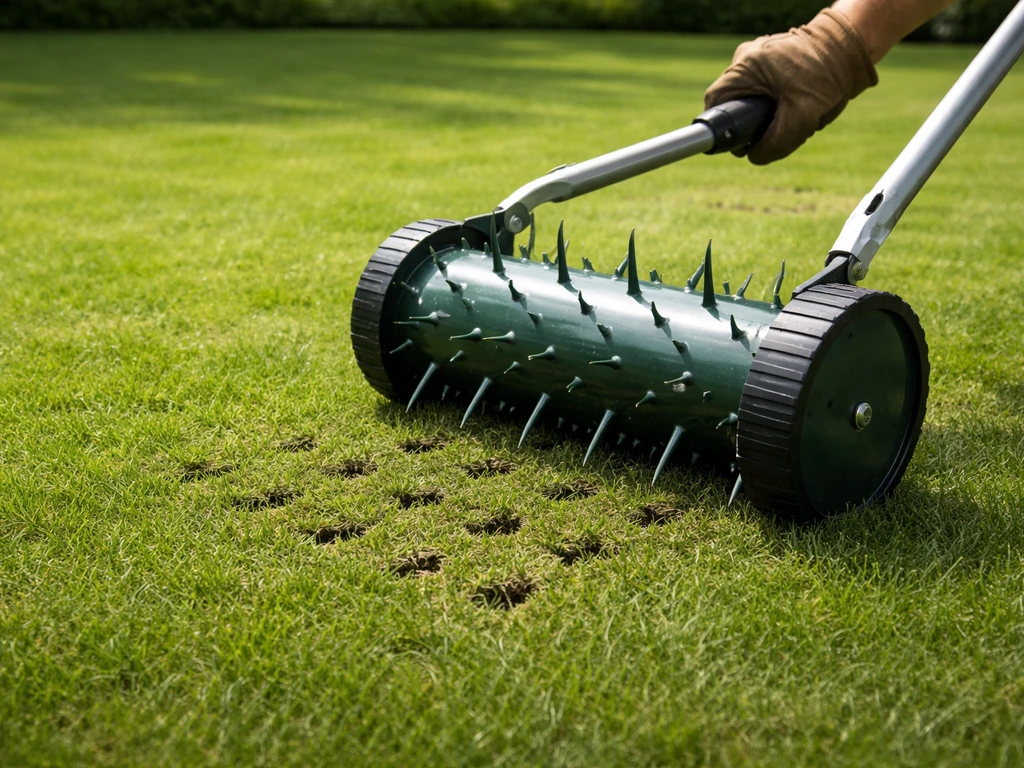 Beluchtingsprikrol op een gazon, met zichtbare openingen in het gras en pennen die de bodem ingaan.