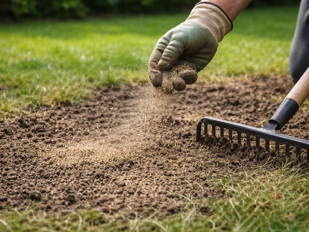 Iemand strooit graszaad en werkt het in met een harkje op een kale plek in de tuin.