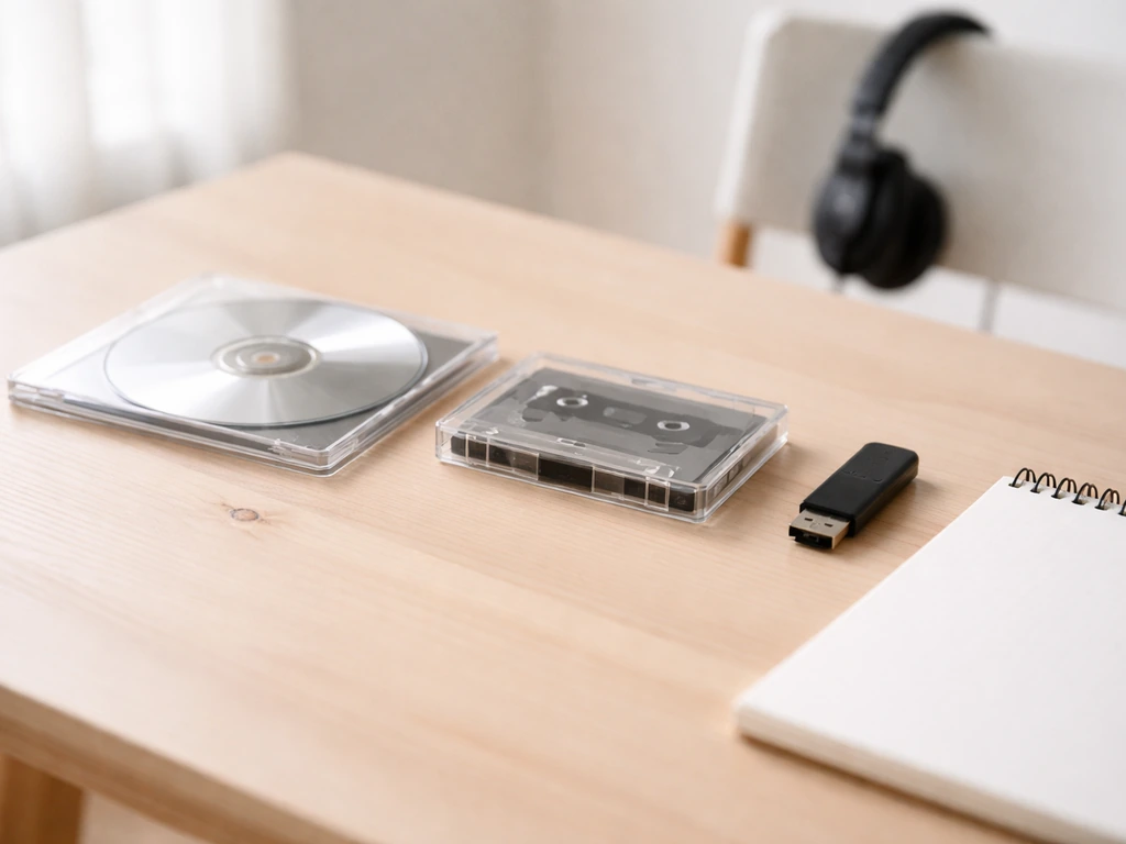 Licht werktafel met drie anonieme audio-varianten (cd, cassette, usb) en koptelefoon, zonder tekst.