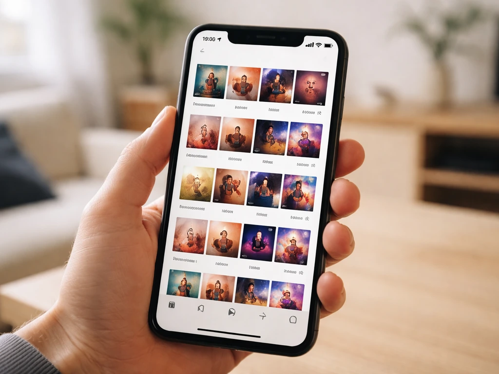 Mobiele telefoon met muziekappenscherm waarop meerdere versies/afspeellijsten staan, geen leesbare tekst