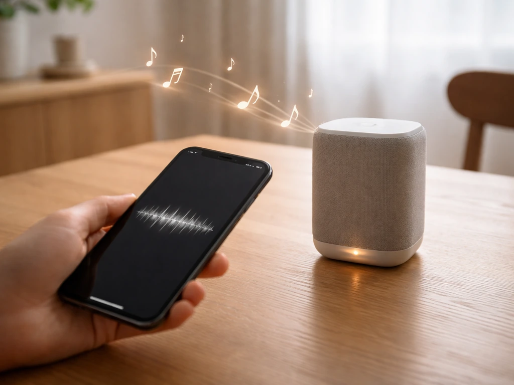 Telefoon gericht op een kleine speaker met subtiele lichtsporen die audioherkenning suggereren.