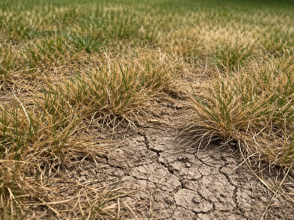Close-up van vergeelde en bruingrijze graszones met droge grond, duidelijk passend bij te weinig water.