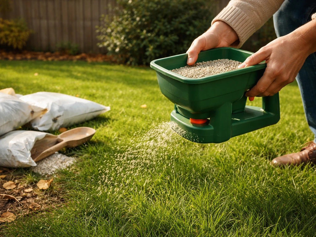 Anonieme handen met een strooier op groen gazon, met mest en tuingereedschap op de achtergrond.