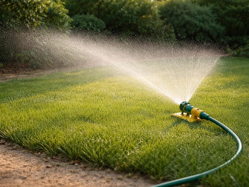 Gazon wordt ’s ochtends vroeg diep beregend door sproeier en tuinslang, met zichtbare waterdruppels op gras.