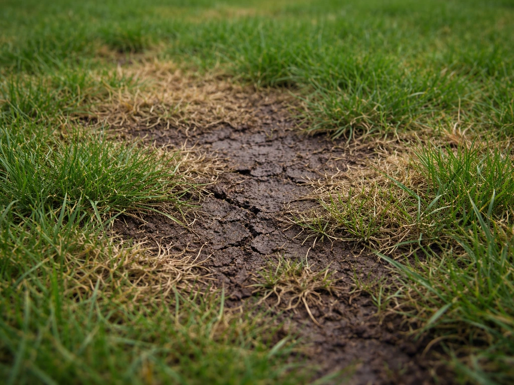 Close-up van een gazon met bruine, vaalgroene plekken en nog licht vochtige donkere aarde.