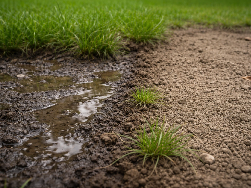 Buiten gazon met natte, donkere plassen naast een drogere, korrelige bodemstrook met zichtbaar vochtverschil