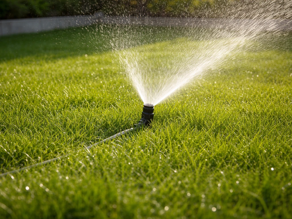 Tuinslang met gerichte sproeier die diep en gelijkmatig gras besproeit in een rustige tuin.