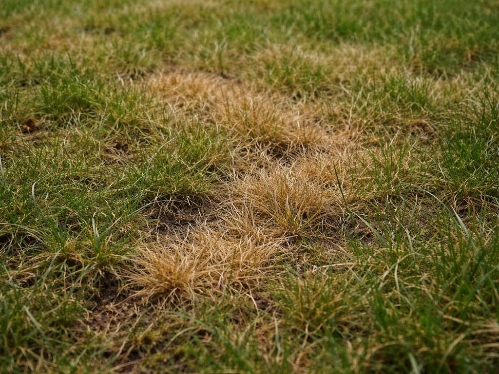 Close-up van een herfstgrasveld met verdorde, geelbruine plekken tussen nog groen gras.