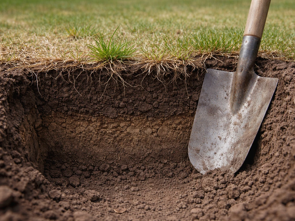 Schep in opengewerkte grond met ondiepe wortels en verdichte bodemstructuur naast verdord gras