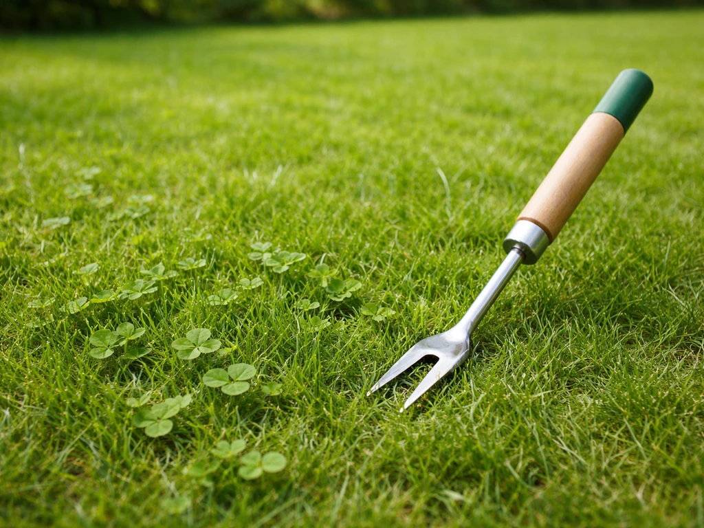 Nederlands gazon met klavertjes tussen het gras en een onkruidsteker als hulpmiddel om te verwijderen.