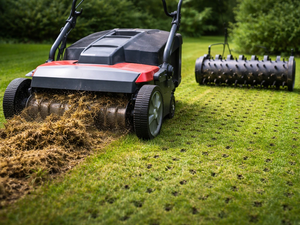 Groen gazon met verticuteermachine die vilt en mos opvangt en beluchtingsprikroller die gaatjes maakt.