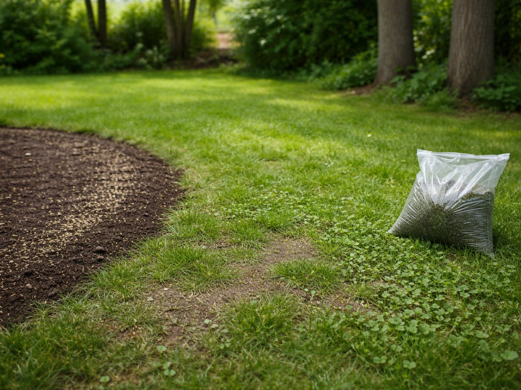 Dunne grasvlekken in schaduw onder bomen, met opkomende klaver en een net bewerkte zaaistrook.