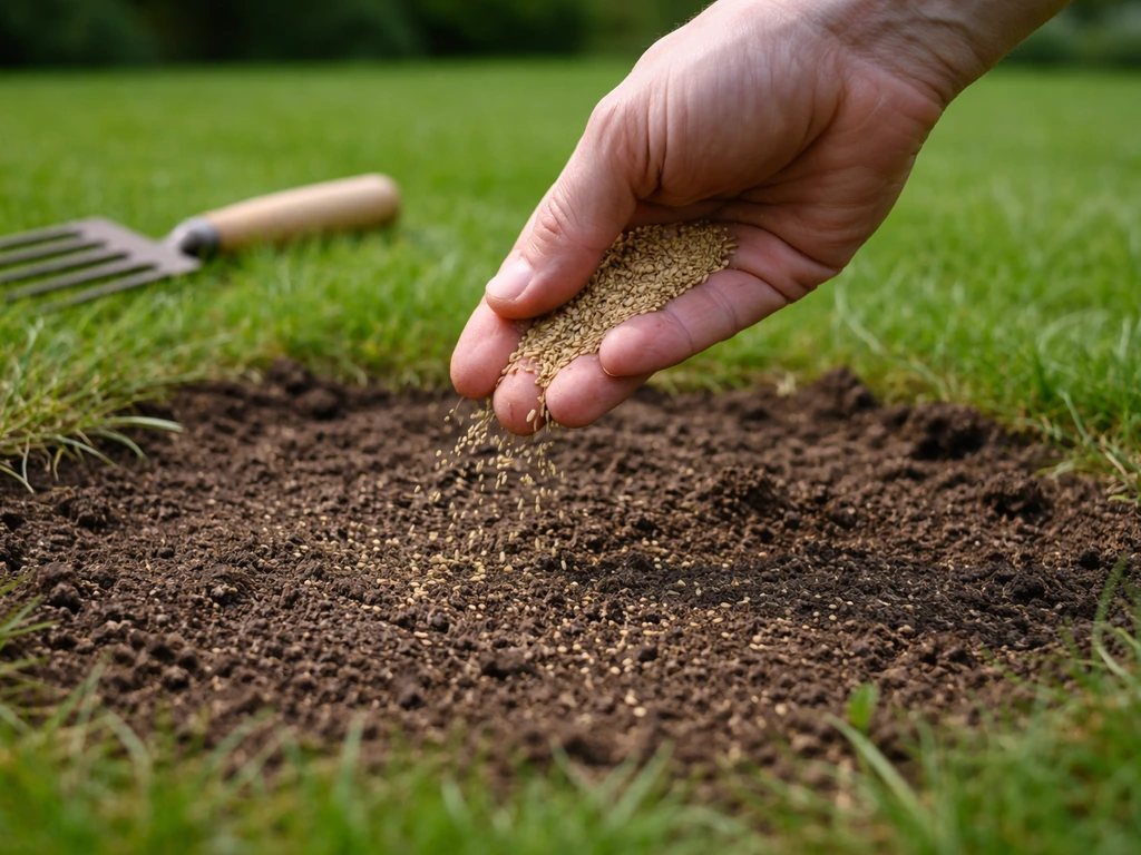 Hand strooit graszaad op licht losgeharkte kale plek in de tuin, dichtbij en resultaatgericht