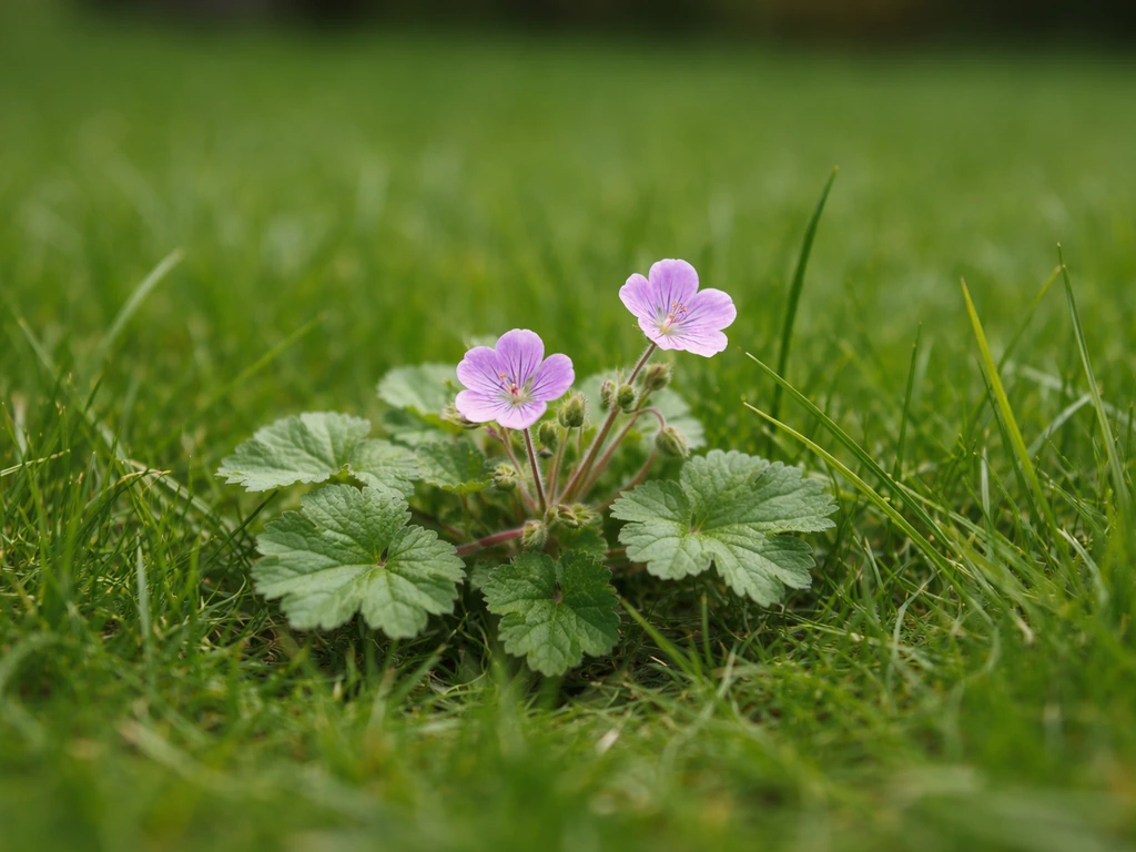 Close-up van ooievaarsbek in het Nederlandse gazon, kruipende plant met behaarde stengels en ronde blaadjes.