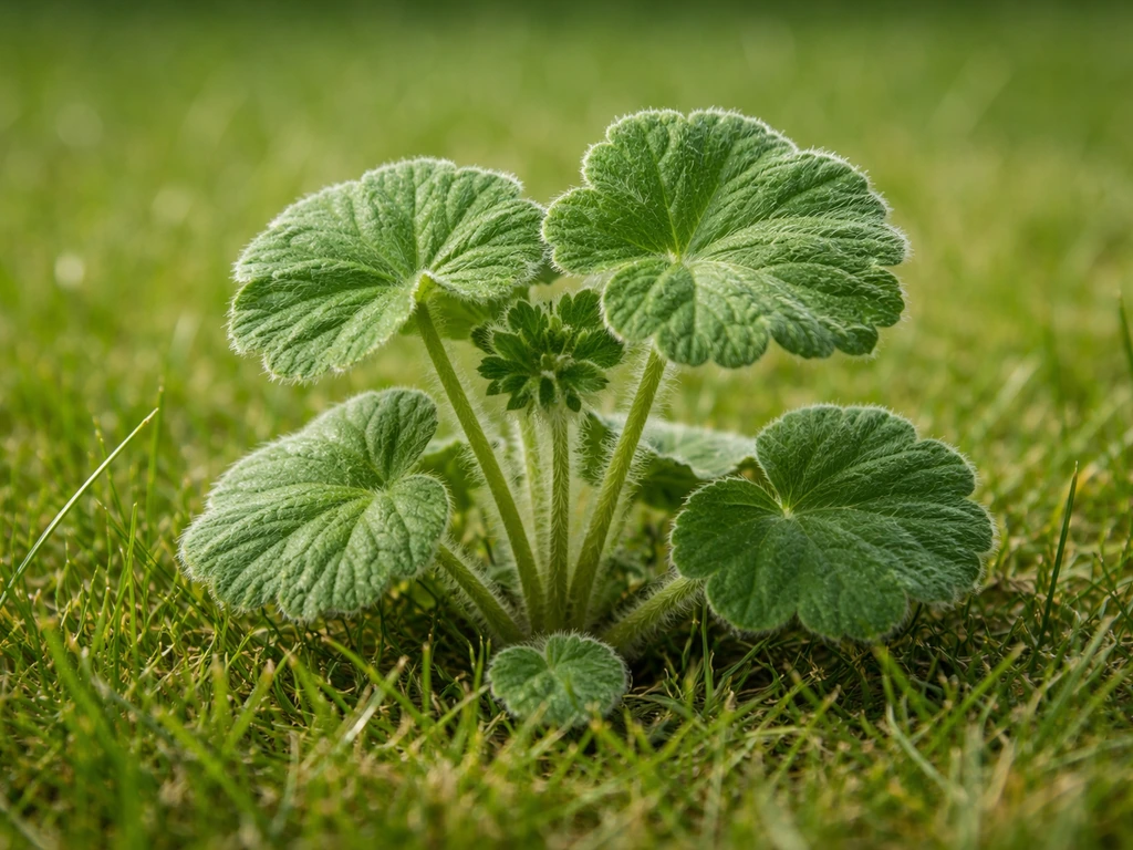 Close-up van ooievaarsbek (Geranium) in het gras, met zichtbare ronde blaadjes en zachte beharing