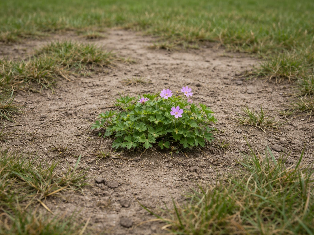 Ooievaarsbek groeit tussen open plekken en een dunne, schrale grasmat in een gazon.