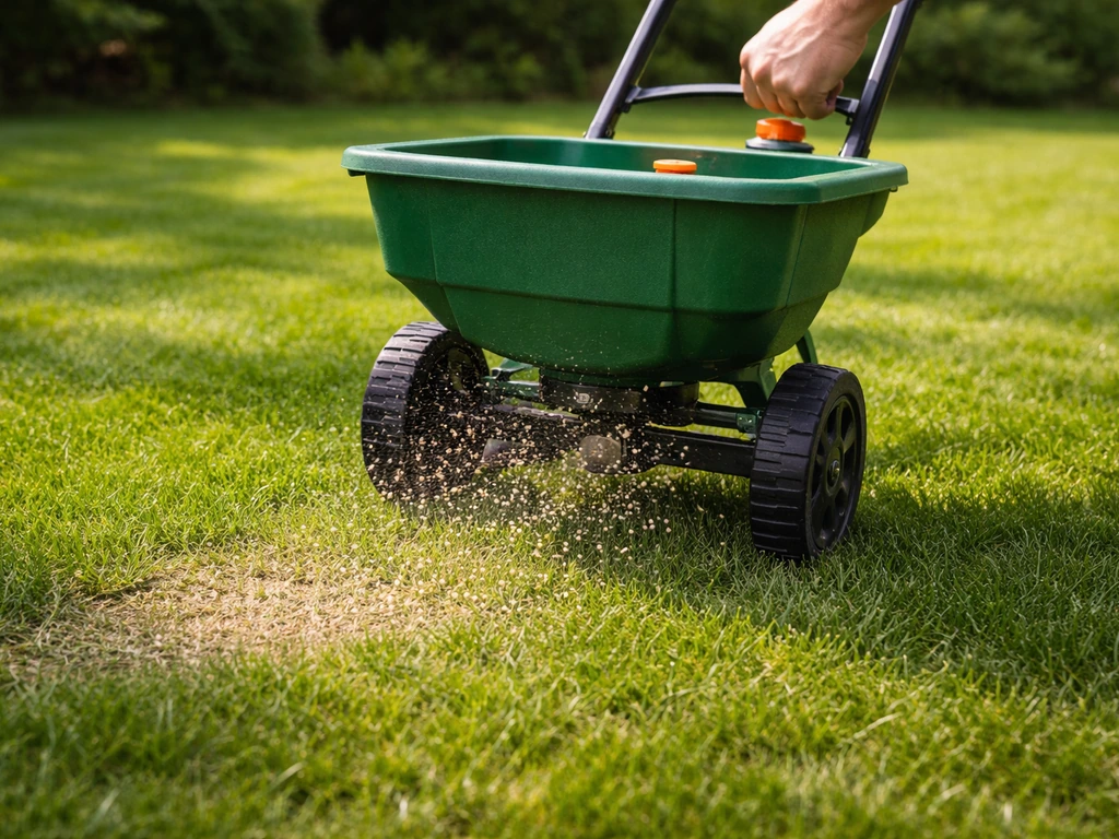 Hand en gazonstrooier die net gazonmest uitstrooit op het herstelde, groene stuk gras