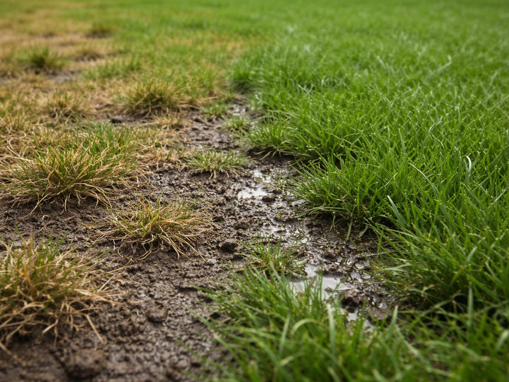 Close-up van een gazon met dorre, bruine plekken en nattere zones waar water oppervlakkig blijft staan.