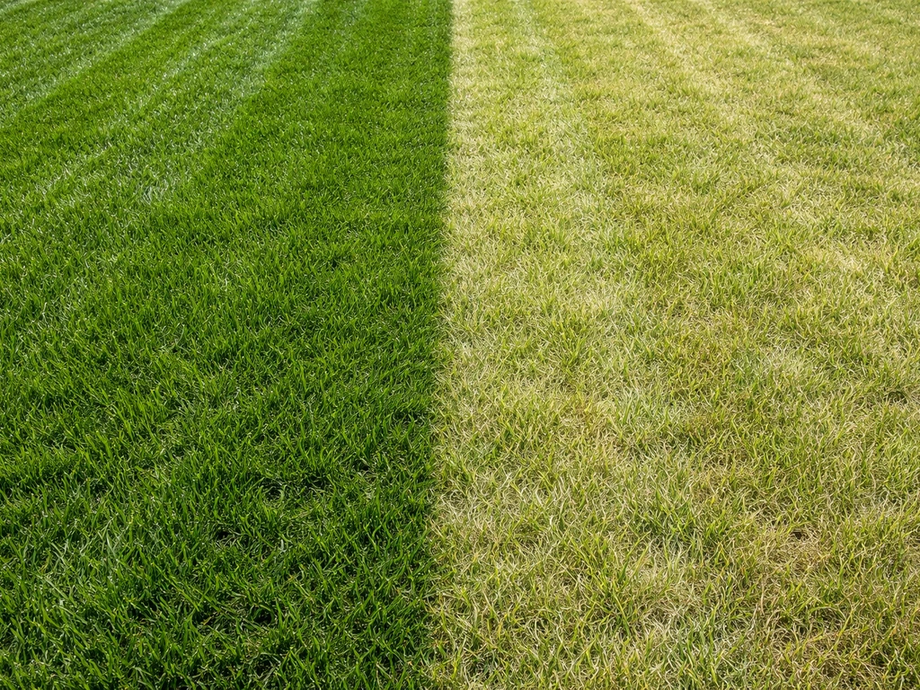 Close-up van een gazon met gezond diepgroen gras en vaal/grauw geelgroen gras plus zichtbare maaistrook.
