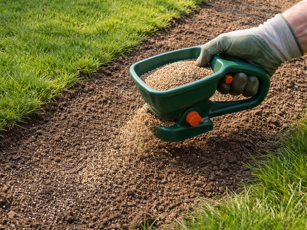 Close-up van graszaad dat wordt uitgestrooid op kale plekken in een bestaand gazon.