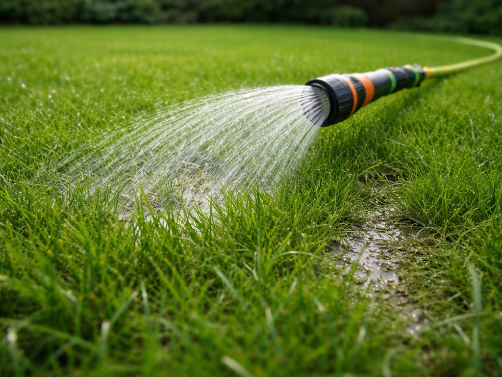 Langzaam beregend gazon met sproeikop en zichtbare vochtplekken in de grond.