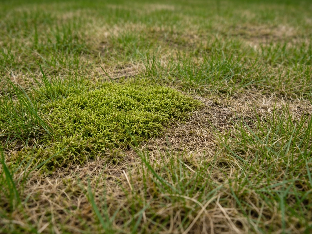 Close-up van een gazon met groene sponsachtige mosplek, ongelijkmatige groei en een viltlaag-gevoel