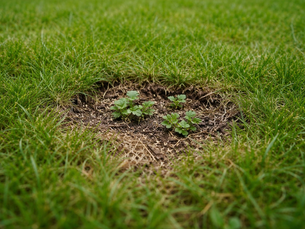 Opengevallen plek in een gazon met onkruidscheuten tussen het gras, in natuurlijk daglicht.