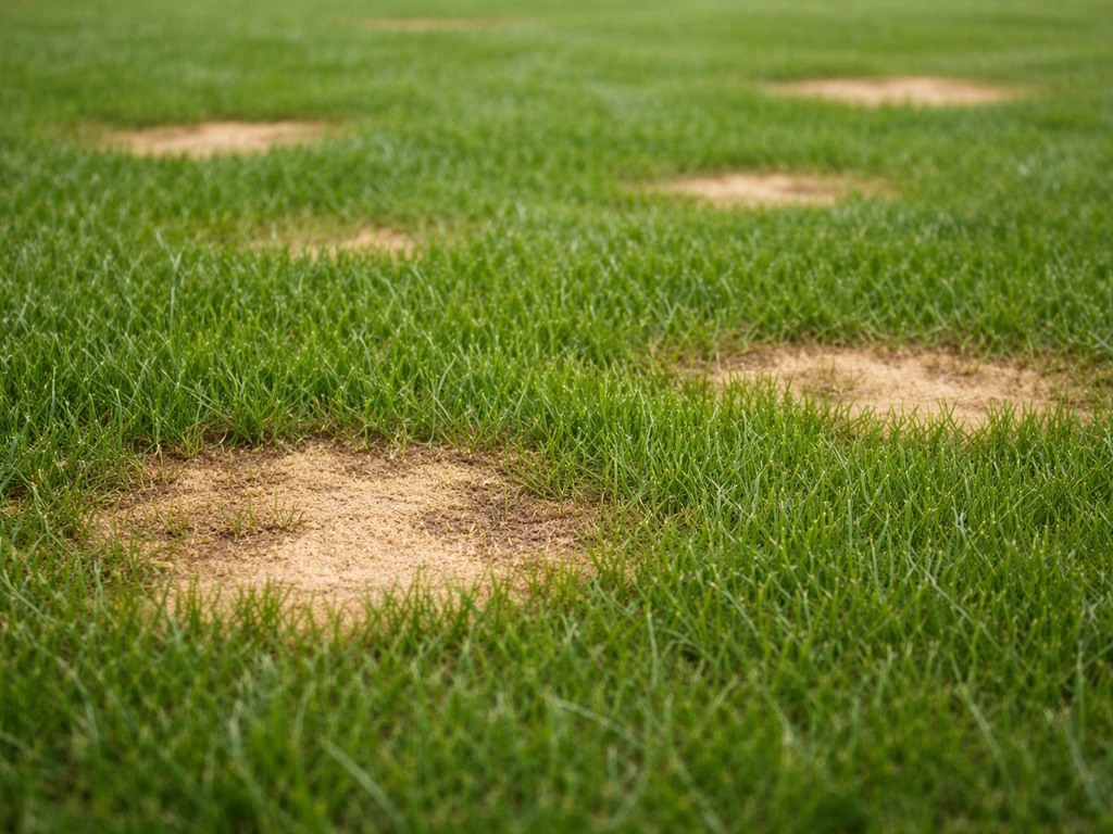 Kleine ronde bruine schimmelplekken in een gazon met subtiele donkerdere rand, bij natuurlijk daglicht.