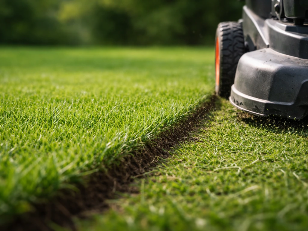Kort gemaaide gazonrand met zichtbare snijzone en afgemaaid gras van 3–4 cm