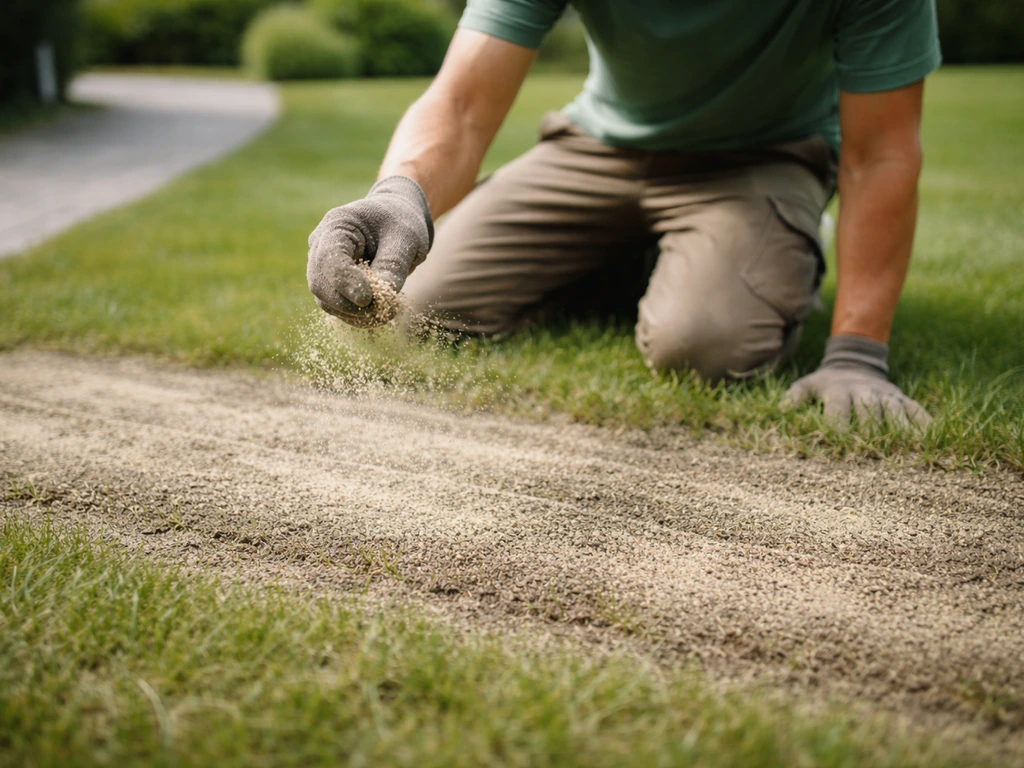 Persoon legt licht zand/compost gelijkmatig over pas ingezaaid gazon na het snijden