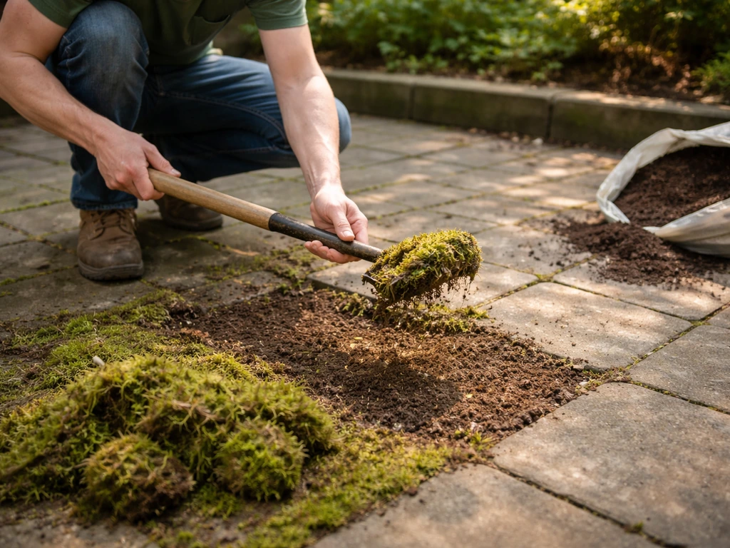 Tuinman schept mos met een schoffel weg en blootlegt kale aarde in een schaduwrijke patio