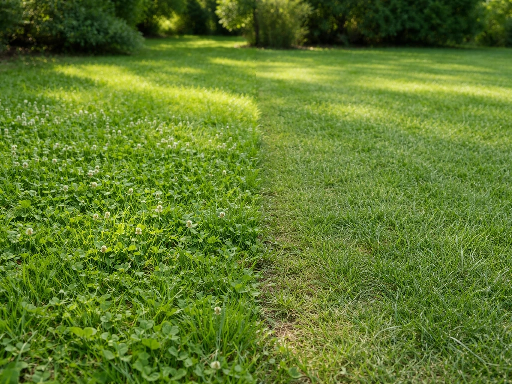 Twee gazonplekken naast elkaar: links wat klaver, rechts minder klaver en egaler gras.