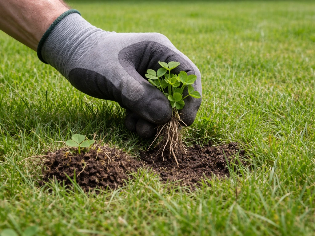 Hand trekt een klavertje uit het gazon, met wortels en uitgegraven plantrest zichtbaar, in natuurlijk licht.