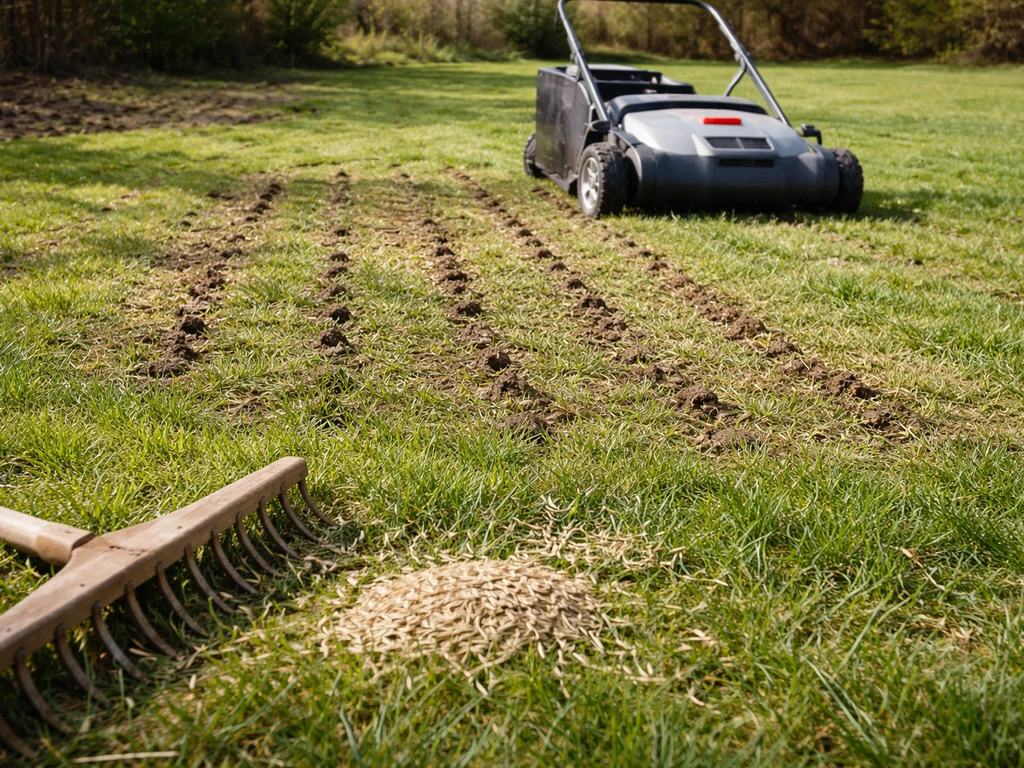 Beluchter op een Nederlands gazon dat klaargemaakt wordt voor doorzaaien en grasmatverbetering