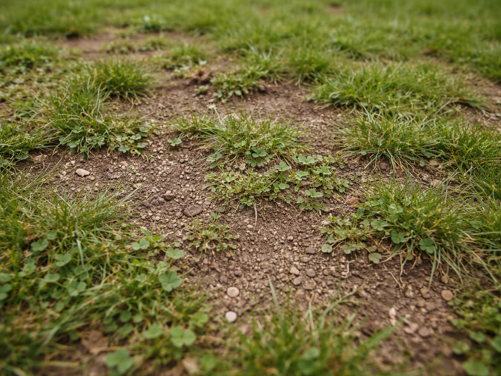 Close-up van onkruid tussen open plekken in een niet-dichte grasmat, met zichtbare grond.