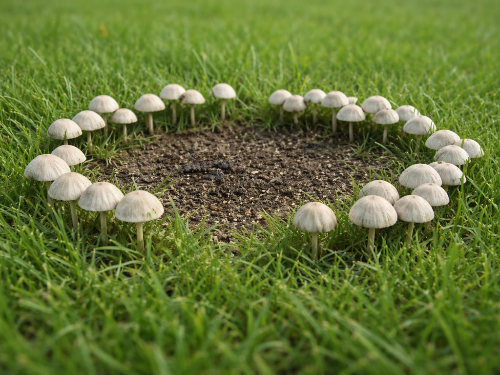 Kleine paddenstoelen in het gazon, ringvormig rond een plek met donkere, vochtige grond.
