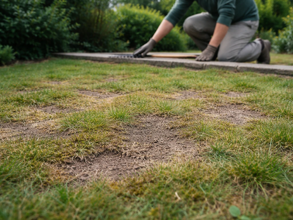 Beschadigd gazon met mos en bruine uitvalplekken, terwijl op de achtergrond een tuinier gereedschap klaarlegt.